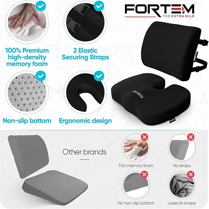FORTEM Seat Cushion, Office Chair Cushion, Lumbar Support Pillow for Office Chair, Memory Foam Ergonomic Coccyx & Lumbar Support, Car Sitting Pad, Washable Non-Slip, XL