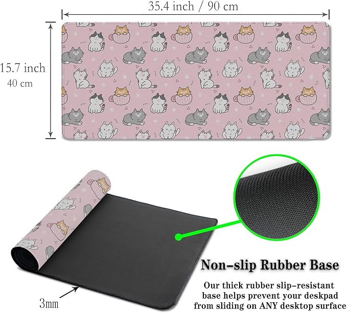 Gaming Mouse Pad Pink, Large Mousepads Computer Desk Mat, XXL Mouse Pad Gaming Non-Slip Rubber Base Waterproof with Stitched Edges, 35.4 X 15.7 inch for Work/Game/Office/Home Cartoon Cat