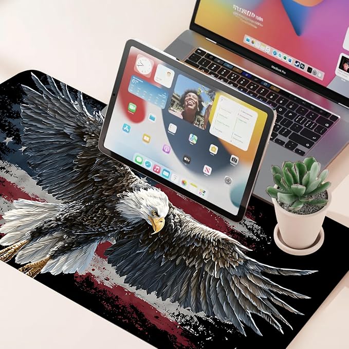 Desk Mat, XXL Extended Gaming Pad for Desktop, 31x12 Inches Patriotic Bald Eagle US Flag Design, Large Non-Slip Vegan Leather Surface with Stitched Edges, Keyboard Mouse Mat for Home Office