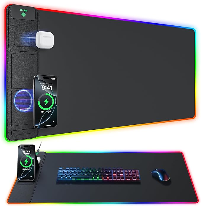 4-in-1 RGB Gaming Mouse Pad with Wireless Charging & Phone Stand, 31.5"x15.8" Large, 24 Light Effects, Non-Slip Base, Waterproof Ultra-Smooth Surface, with Adatper