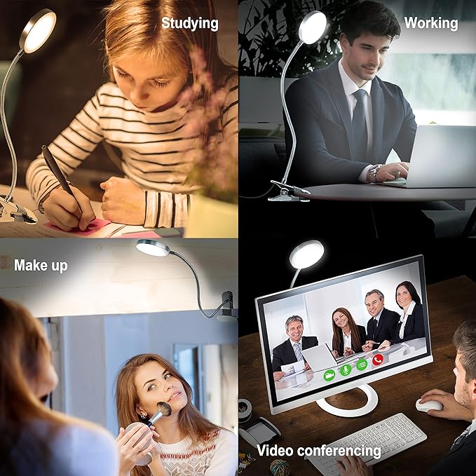 Clip-on Lamp Reading Light - 5 Color Modes, 10 Brightness Levels, 8W, 66 LED, Eye-Caring Metal Clamp Light with Gooseneck for Bed, Headboard, Desk, Video Conferencing, Makeup