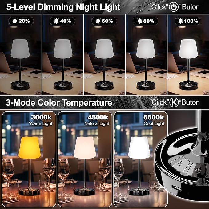 Small Shower Lamp Waterproof: Table Lamp with 4000mAH Battery - Rechargeable 3 Dimmable Cordless LED Lamp for Desk Bedroom Living Room Bathroom - Black Touch Light for Parents Kids