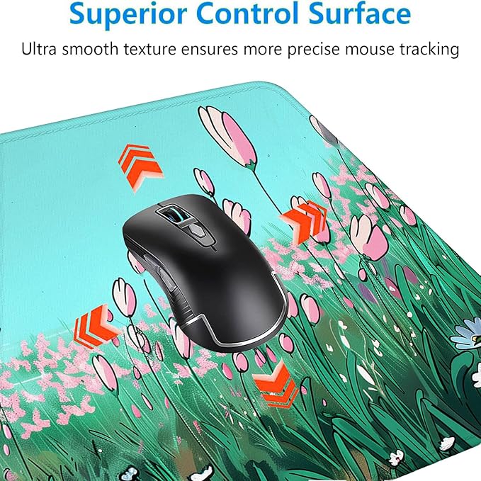 Anime Floral Gaming Desk Pad - Extended Cute Sage Green Plant Mouse Pad Mat with Stitched Edge Non-Slip Base - 31.5"x11.8"