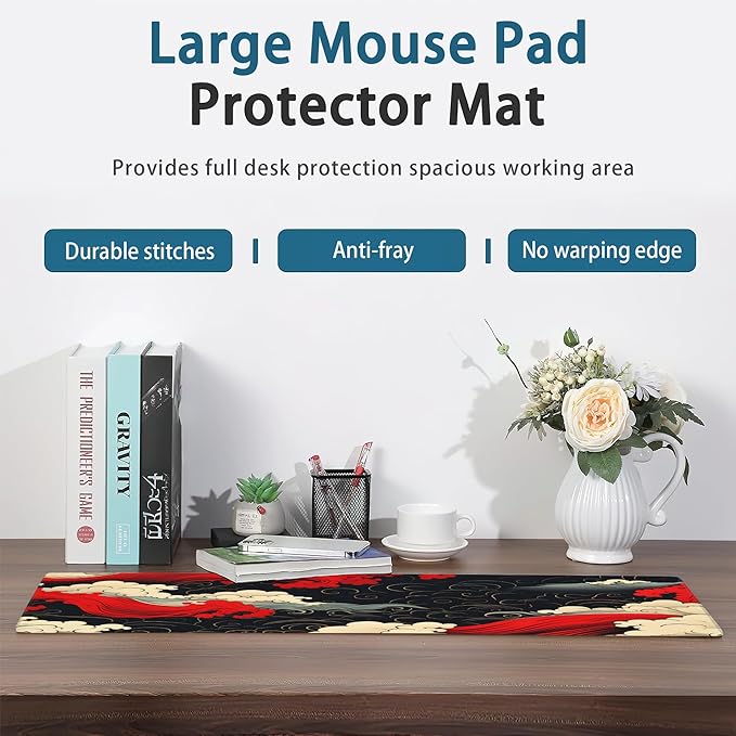 Gaming Mouse Pad, Japanese Sea Waves Extended Mouse Pad Gaming Large, Big Desk Mat with Non-Slip Base and Stitched Edge, Long Computer Keyboard Mouse Mat for Home Office Work 31.5"x15.7"