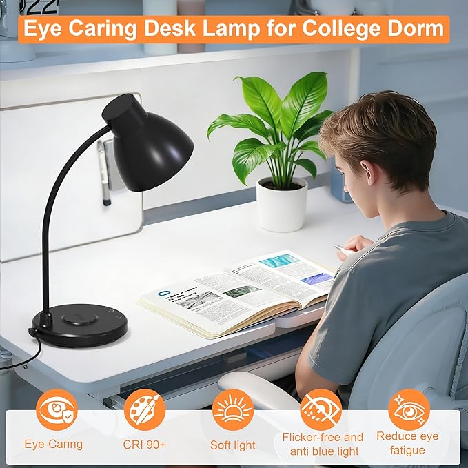 Desk Lamps for Home Office - LED Desk Lamp with Wireless Charger, 3 Color Modes Dimmable Eye-Caring Study Reading Desk Light, Small Flexible Arm Table Lamp for College Dorm Room Bedside, Black