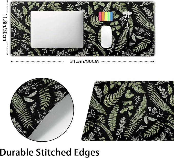 Black Green Plant Flowers Mouse Pad XL Tropical Fern Botanical Leaves Extended Desk Mat 80X30cm Non-Slip Rubber Base Stitched Edge Large XL Mousepad for Desk Gaming Laptop Desktop,31.5×11.8 Inch