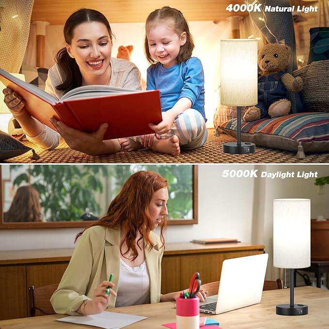 Pull Chain Table Lamp for Bedroom - 3 Color Temperatures, USB A + C Charging, AC Outlet, 17.4 inch Tall Bedside Lamp with E26 LED Bulb