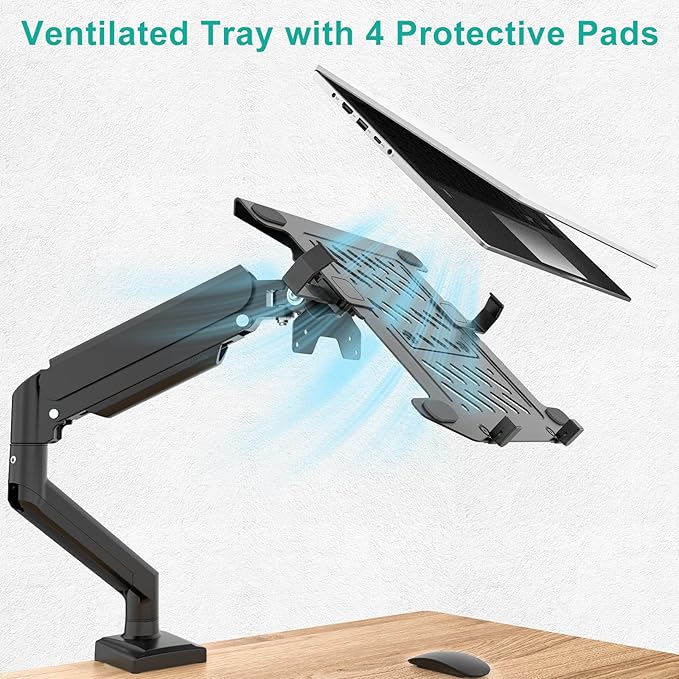 WALI Single Arm Laptop and Monitor Desk Mount for 17" Notebook and Up to 32" Screen, 2-in-1 Adjustable Gas Spring Monitor Arm with Laptop Tray, VESA 75x75 100x100,Holds 22-26.4 lbs, Black (GSMP001NLP)