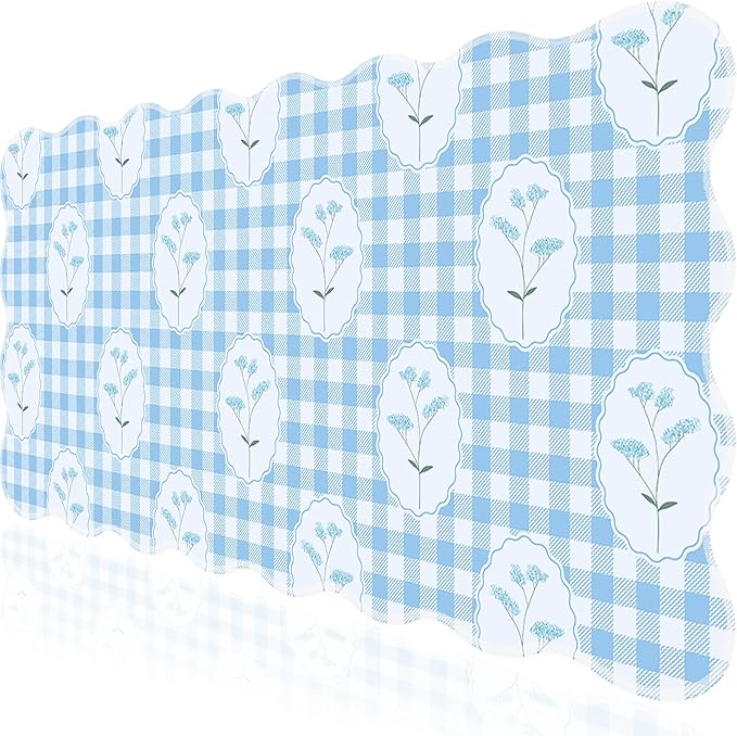 L-SPOUTTO Blue Mouse Pad,Checkered Floral Desk Mat XXL Large Scalloped Gaming Mousepad,35.4x15.7in Non-Slip Rubber Base Keyboard Pad Desktop Mat for Laptop Computer Game Home Office-Checkered Flowers