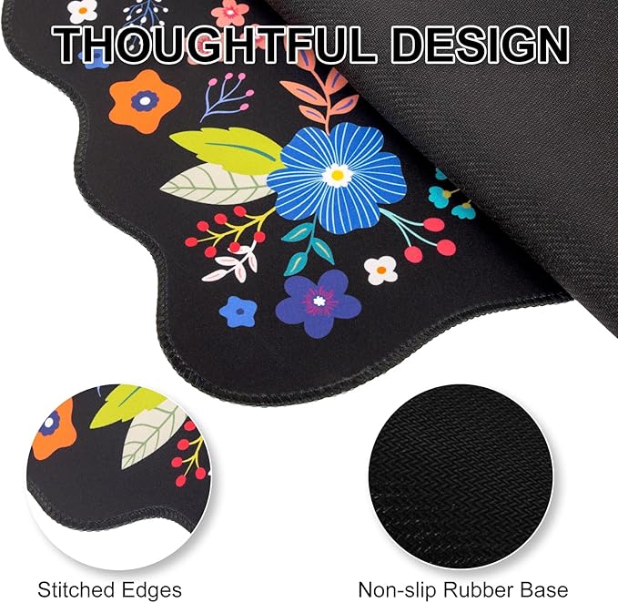 L-SPOUTTO Floral Mouse Pad,Botanical Desk Mat XXL Large Scalloped Gaming Mousepad,35.4x15.7in Non-Slip Rubber Base Keyboard Pad Waterproof Desktop Mat for Laptop Computer Game Home Office-Flowers