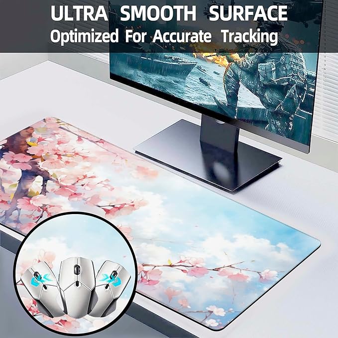 Large Gaming Mouse Pad for Desk,Cherry Blossom Tree Desk Mat for Desktop,Watercolor Floral Desk Pad, Extended Big Computer Keyboard Mouse Pad with Non-Slip Base Stitched Edges 31.5"x11.8"
