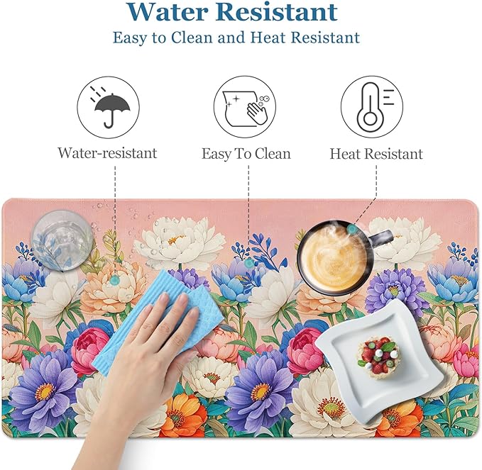 Desk Pad Peony Flowers, Desk Matt for Desktop Women Girls Floral Gaming Mouse pad Extend XXL Large Anti-Slip with Stitched Edges Waterproof Computer Laptop Keyboard Mat for Gaming, Home, Work, Office