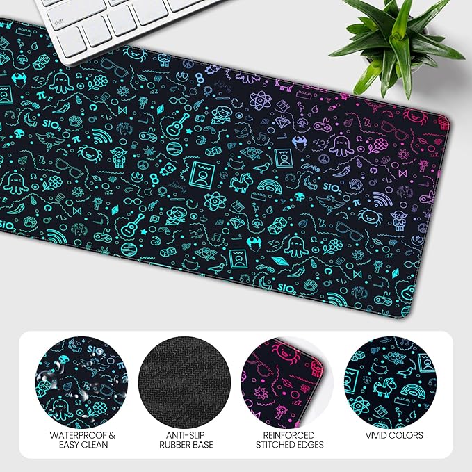 XXL Gaming Mouse Pad, Gradient Icon Design, 35.4 x 15.7 Inches, Microfiber Cloth, Rectangular, Non-Slip Rubber Base