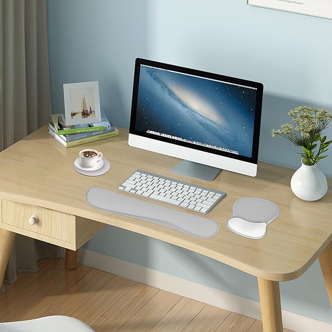 Wrist Rest Support for Mouse Pad Keyboard Set Circle Coaster Gaming Mouse Pad Ergonomic Gel Memory Foam Set for Computer, Laptop, Office, Comfortably Typing Grey KM-31