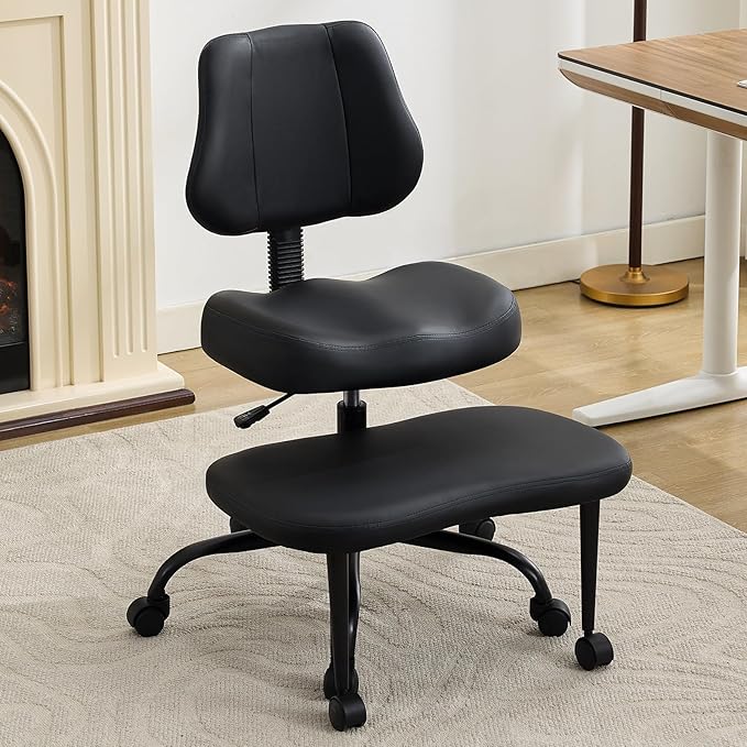 Ergonomic Criss Cross Legged Office Chair, ADHD Chair, Wide Height Adjustable Seat 360° Swivel Footstool with Wheels, PU Leather Meditation Kneeling Chair, for The Restless Home Workers, Black