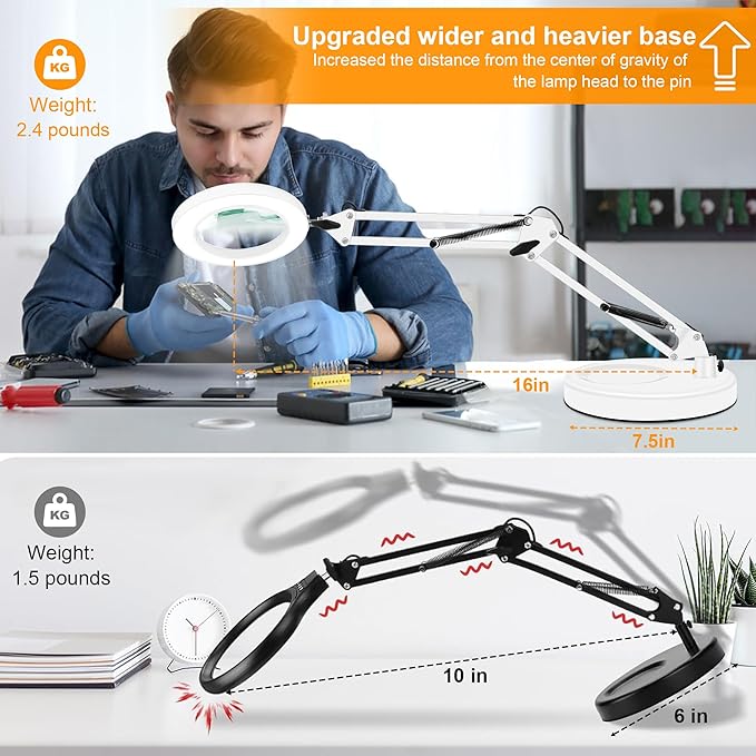 10X Magnifying Glass with Light and Stand, Magnifier with Light Hands Free, 3 Color Modes 10 Level Dimmable, Magnifying Real Glass LED Desk Lamp for Close Work, Repair, Reading, Craft, White