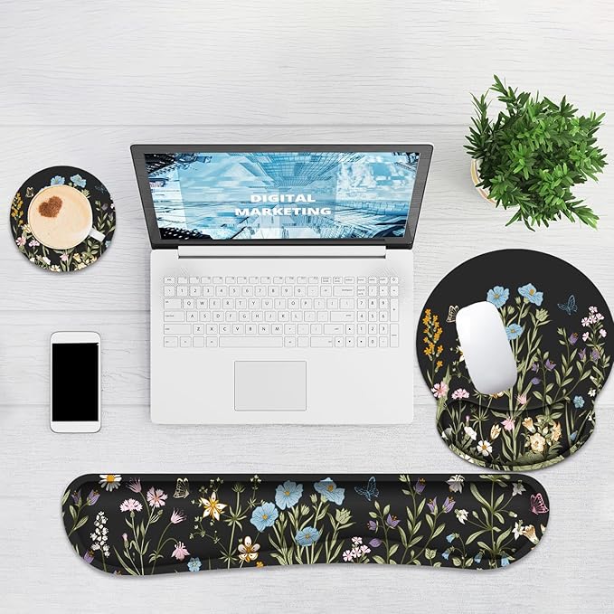 Ergonomic Mouse Pad with Wrist Rest and Keyboard Wrist Rest, Memory Foam Wrist Rest for Computer Keyboard, Easy Typing, Black Mouse Pad Wrist Support for Gaming,Office, Laptop, Floral