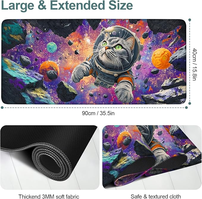Cat Astronaut Extended Gaming Mouse Pad 35.4x15.7Inch Large Desk Mat Anti-Slip Rubber Base & Durable Stitched Edges for Gamers Smooth Mouse Writing Surface for Desk Office/Home