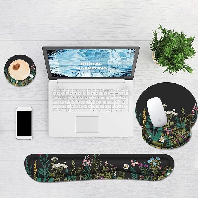 Ergonomic Mouse Pad with Wrist Rest and Keyboard Wrist Rest, Memory Foam Wrist Rest for Computer Keyboard, Easy Typing, Mouse Pad Wrist Support for Gaming,Office, Laptop, Black Flower