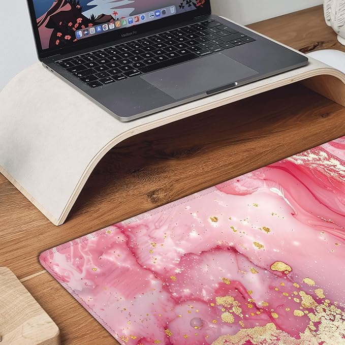 Desk Mat, Pink Marble XXL 35.4"x15.7"Large Gaming Mouse Pad, 3mm Thick Gaming Keyboard Pad,Desk Pad Non-Slip Rubber Base with Stitched Edges for Office Game Home Decor