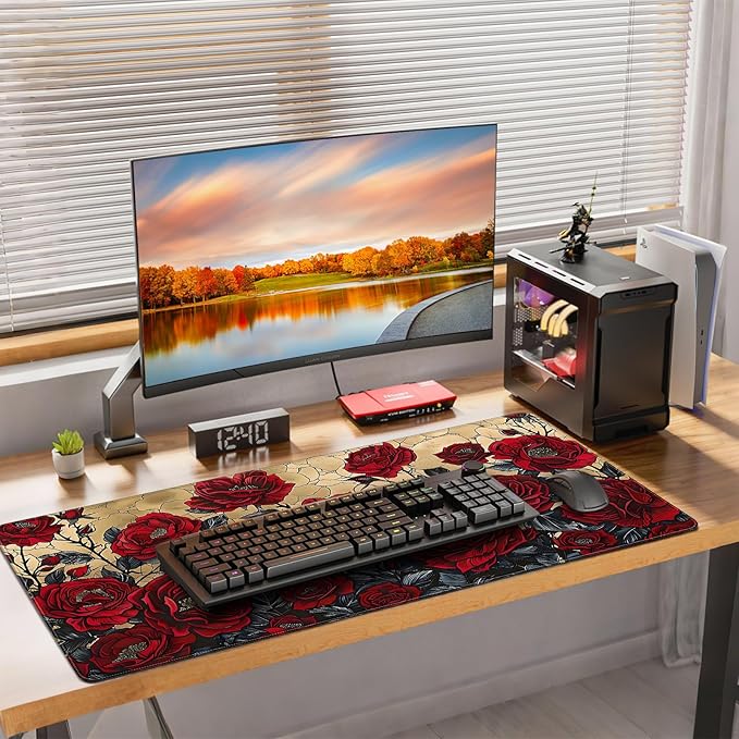 XXL Large Gaming Mouse Pad, 35.4 x 15.7 inches, with Non Slip Rubber Base, Extended Keyboard Pad for Home Computer Office Workstations, Large Laptop Mouse Pads Red Roses