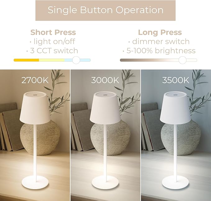 Versa LED Cordless USB-C Re-Chargeable Desk Lamp, 5200mAh Battery Operated with 3 Color Temperature 2700K-3000K-3500K and Fingertip Touch On/Off Plus Dimming with Two 5in Adj Height Stems in White