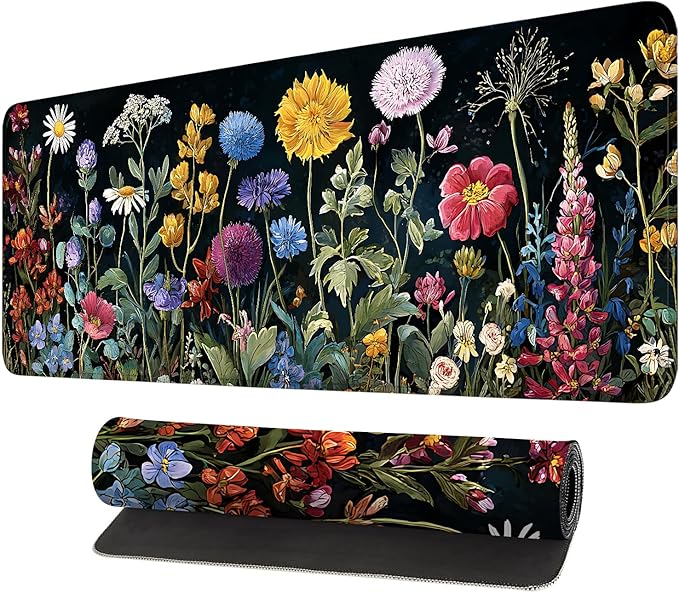 Desk Mat, XXL Extended Gaming Pad for Desktop, 35x16 Inches Vibrant Floral Colorful Flower Bouquet, Large Non-Slip Vegan Leather Surface with Stitched Edges, Keyboard Mouse Mat for Home Office