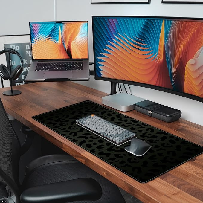 Extended Large Computer Gaming Mouse Pad Desk Mat(31.5×15.7 in),Desk Pad with Non-Slip Base Stitched Edges,Suitable for Work Office Large Gaming Mouse Pad Desktop Pad-Black Leopard Cheetah