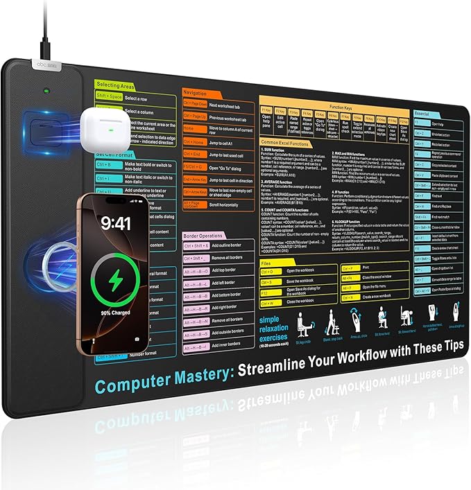 Wireless Charging Mouse Pad with Excel Formulas Shortcuts, 31.5"x15.8" Extra Large Office Spreadsheet Cheat Sheet Desk Mat, Waterproof Ultra-Smooth Surface, Non-Slip Base