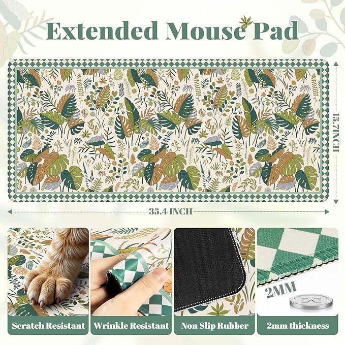 Large Mouse Pad for Desktop, Cute Desk Mat Pad Protector for Work & Gaming, Aesthetic Pretty Anti-Slip Laptop Blotter Cover for Office School Home Supplies, Green Leaves, 35.4" x 15.7"