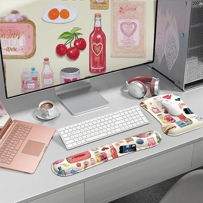 iCasso Ergonomic Mouse Pad, Keyboard Wrist Rest, Memory Foam Mousepad with Wrist Support, Easy Typing and Relieve Wrist Pain Keyboard Pad for Computer(Watercolor Stickers)