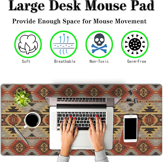 Gaming Mouse Pads Geometric Large Desk Pad Keyboard Pad Mousepad XXL Non-Slip Rubber Base Waterproof with Stitched Edges 35.4" X 15.7" for Game Office, American Navajo Style Aztec