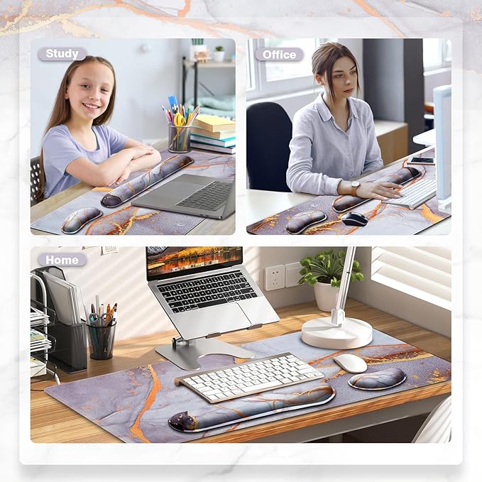 Gimars 4 in 1 Mouse Pad and Keyboard Wrist Rest Set, Large Mouse Pad with Memory Foam Wrist Support Pad for Desk with Coaster, Easy Typing, Gaming Office Home, 31.5x12 inch, Gray Golden