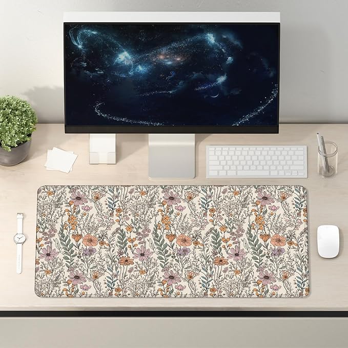 Vintage Rustic Wildflower Floral Large Mouse Pad 31.5x15.7inch, Retro Cottagecore Botanical Flower Large Extended Computer Desk Mat Mousepad for Keyboard and Mouse, Floral Desk Accessories
