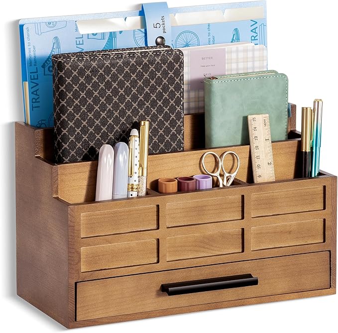 Brown Wood Desk Organizer and Accessories with Drawer, Bill Mail Organizer and File Mail Holder for Office Supplies, Rustic Desk Accessories & Workspace Organizers