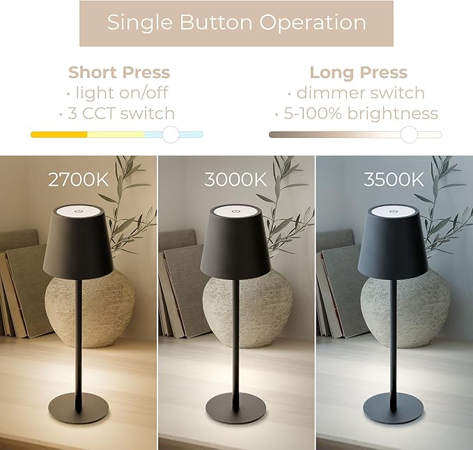 Versa LED Cordless USB-C Re-Chargeable Desk Lamp, 5200mAh Battery Operated with 3 Color Temperature 2700K-3000K-3500K and Fingertip Touch On/Off Plus Dimming with Two 5in Adj Height Stems in Black