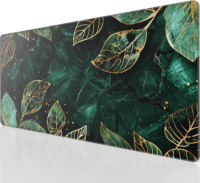 KTRIO Large Gaming Mouse Pad Desk Mat, Superior Micro-Weave Cloth, Non-Slip Rubber Base, Stitched Edges, Water-Resistant, for Gamer, Office & Home, 31.5 x 15.7 Inch，Green Leaves