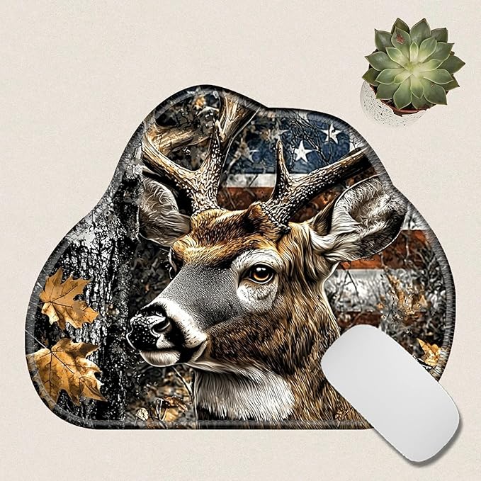 Cute Mouse Pad Plus 1 Coaster, Small Gaming Mouse Mat 11.8 x 9.45 inches, Travel Mouse Pads with Durable Stitched Edges Non-Slip Base, Camo Flag Deer Decor Mousepad for Office Home