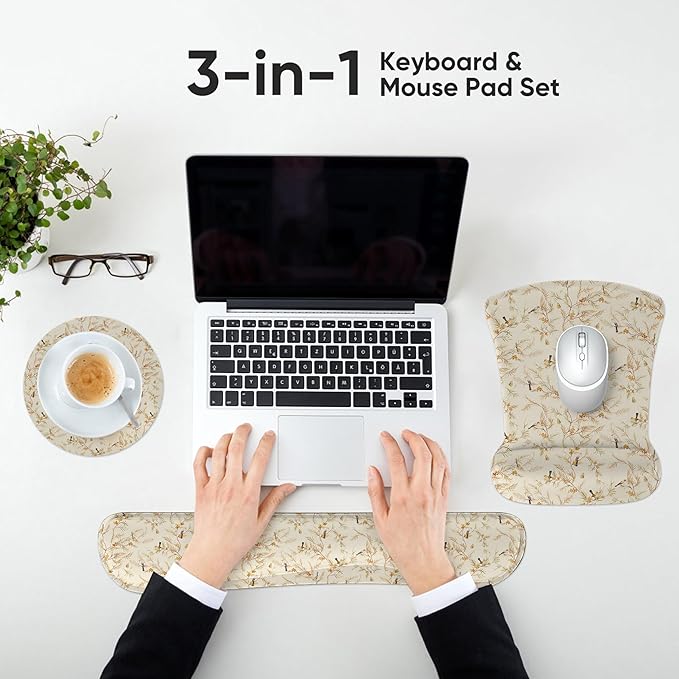 RICHEN Mouse Pad and Keyboard Wrist Rest, 3-in-1 Computer Mousepad and Coaster Set, Non-Slip Keyboard Wrist Rest and Mouse Pad Set Ergonomic Design (FKMWR-65)