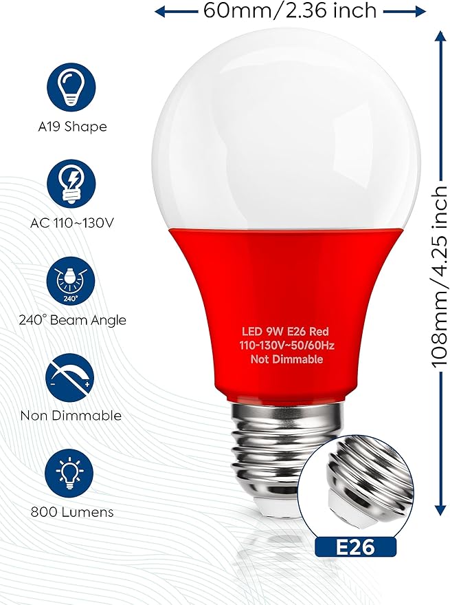 Red Green LED Light Bulbs Outdoor [Christmas Combo], 9W Equivalent 60W, E26 Medium Base, A19 Colored Light Bulb Decorative for Halloween, Thanksgiving Day Holiday Lighting Bar, Not-Dim, 4 Pack