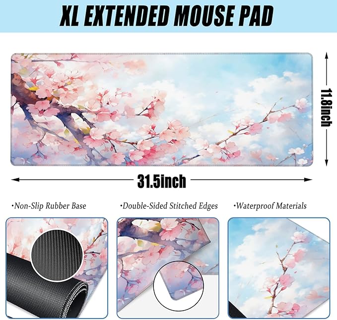 Large Gaming Mouse Pad for Desk,Cherry Blossom Tree Desk Mat for Desktop,Watercolor Floral Desk Pad, Extended Big Computer Keyboard Mouse Pad with Non-Slip Base Stitched Edges 31.5"x11.8"