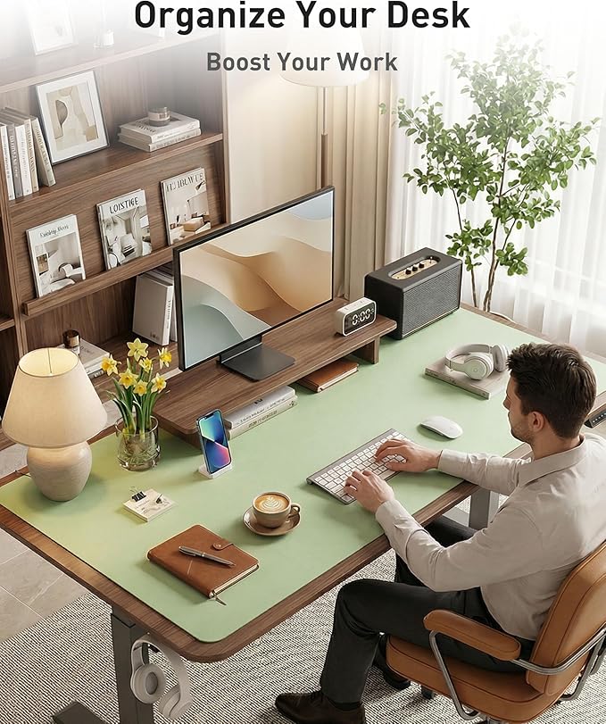 Aothia Faux Leather Desk Mat - Large Mouse Pad, Non-Slip PU Leather Blotter, Waterproof Writing Surface for Office and Home (Foam Green, 40" x 24")
