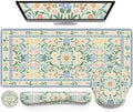 iCasso Desk Cover Mat, Gaming Mouse Pad Wrist Support Set,4in1 XXL Large Mousepad + Keyboard Wrist Rest+Mouse Wrist Rest+Coaster Set with Ergonomic Design for Home Office Table Computer(Green Flowers)