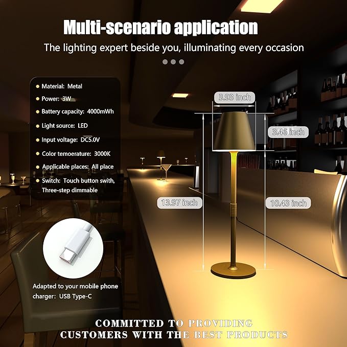 1-Pack Cordless Table Lamps - 5000mAh Rechargeable Battery Operated Desk Lamp, 3-Level Dimmable LED Night Light for Bedroom, Dining, Restaurant - Metal Design (Bronze 1-Pack)