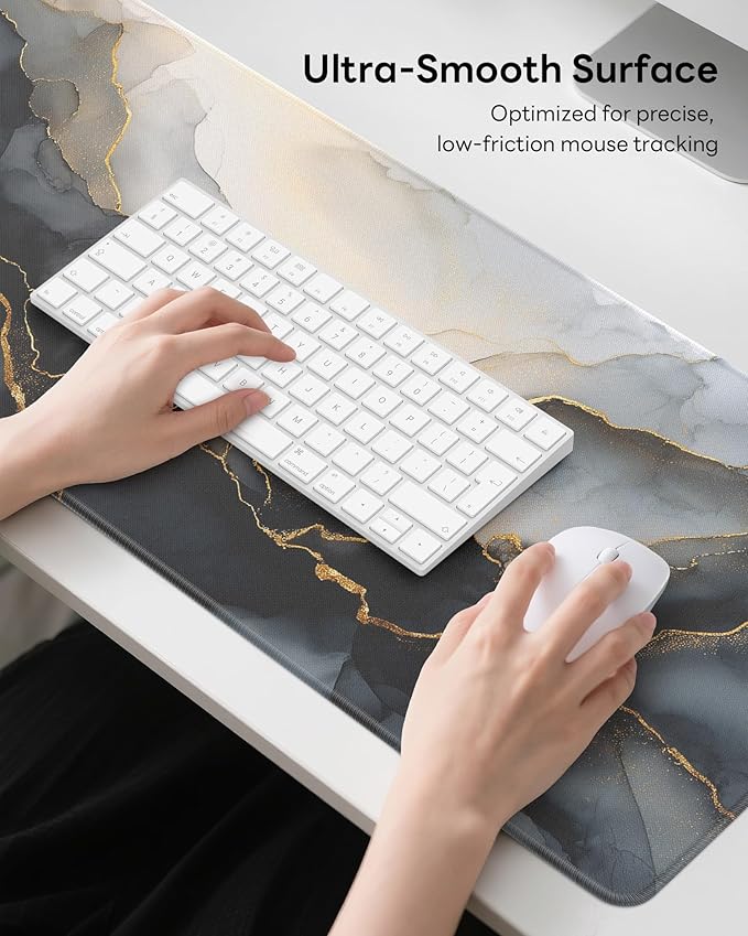 Black Marble Mouse Pad, 31.5 x 11.8 Large Desk Mat with Stitched Edges & Non-Slip Base, Mousepad for Office, Home, Work
