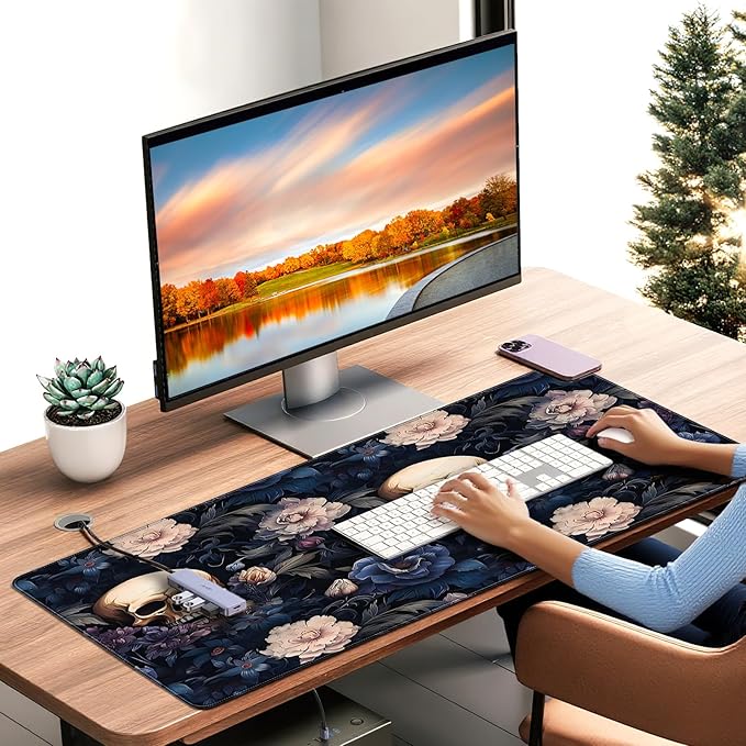 XXL Gaming Mouse Pad, Skull Rose Floral Design, 35.4 x 15.7 Inches, Non-Slip Rubber Base, Microfiber Cloth, Extended Rectangular Desk Mat