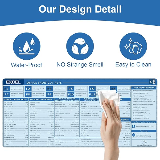 Baziabbo Office Desk Mat, Excel Cheat Sheet Keyboard Mat, Excel Shortcut Desk Pads,Non-Slip Excel Mousepad with Stitched Edges for Computer (Sheet Blue)