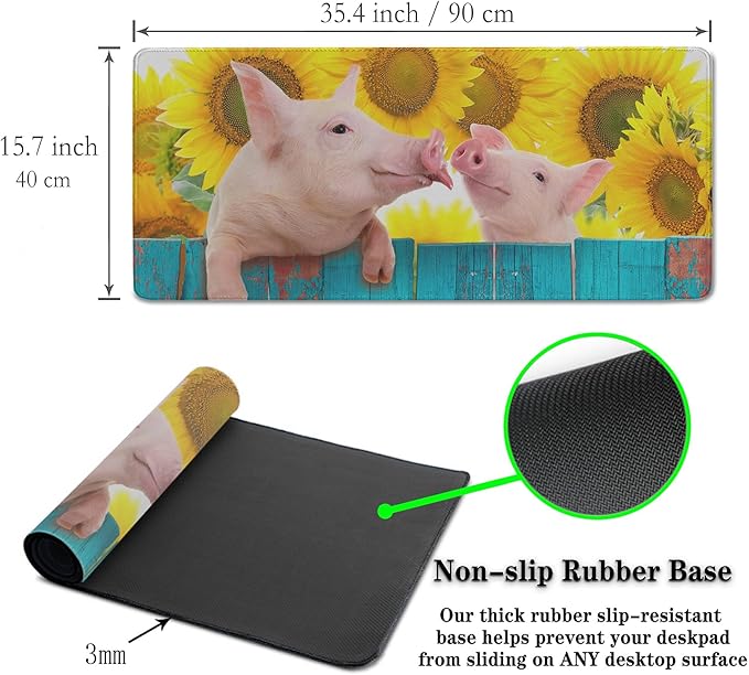 Keyboard Mat Yellow Blue Long Mouse Pad, Computer Mat Large Desk Pads, Big Desk Mat Non-Slip Rubber Base, 35.4 X 15.7 inch for Work/Game/Office/Home Funny Pig Hanging on A Fence. Studio Photo.
