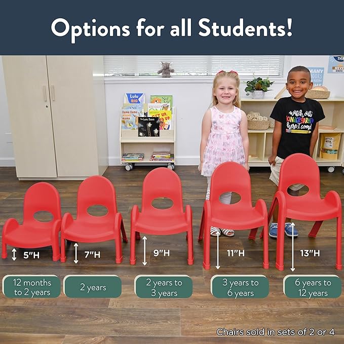 Children’s Factory Value Stack 13" Child Chair, Candy Apple Red, 2 Pack, Stackable Ergonomic Seating Solution for Classrooms and Homeschools