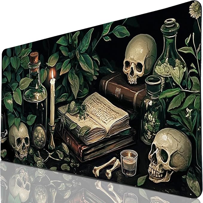 Gothic Botanical Desk Pad, Library Skull Large Gaming Mouse Pad, XXL Desk Mat Anti-Slip Waterproof Big Mousepad with Stitched Edges, Keyboard Mouse Mat for PC, Laptop, Work, Office, Home